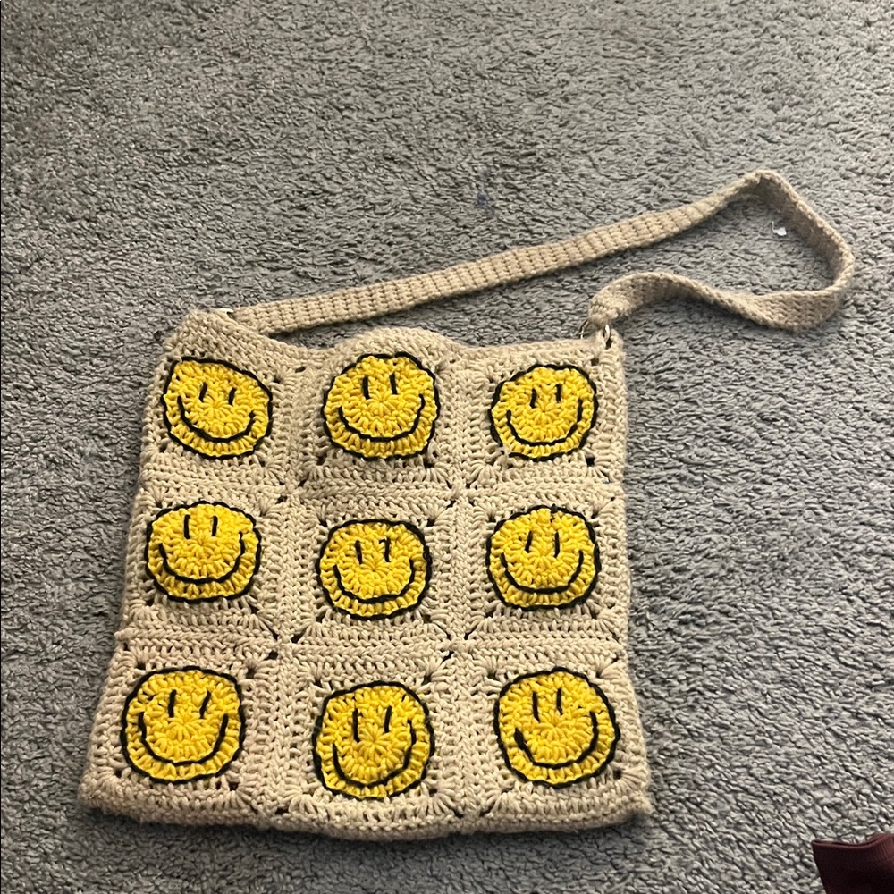 Handmade Crochet Smiley Face Bag - Yellow and Tan